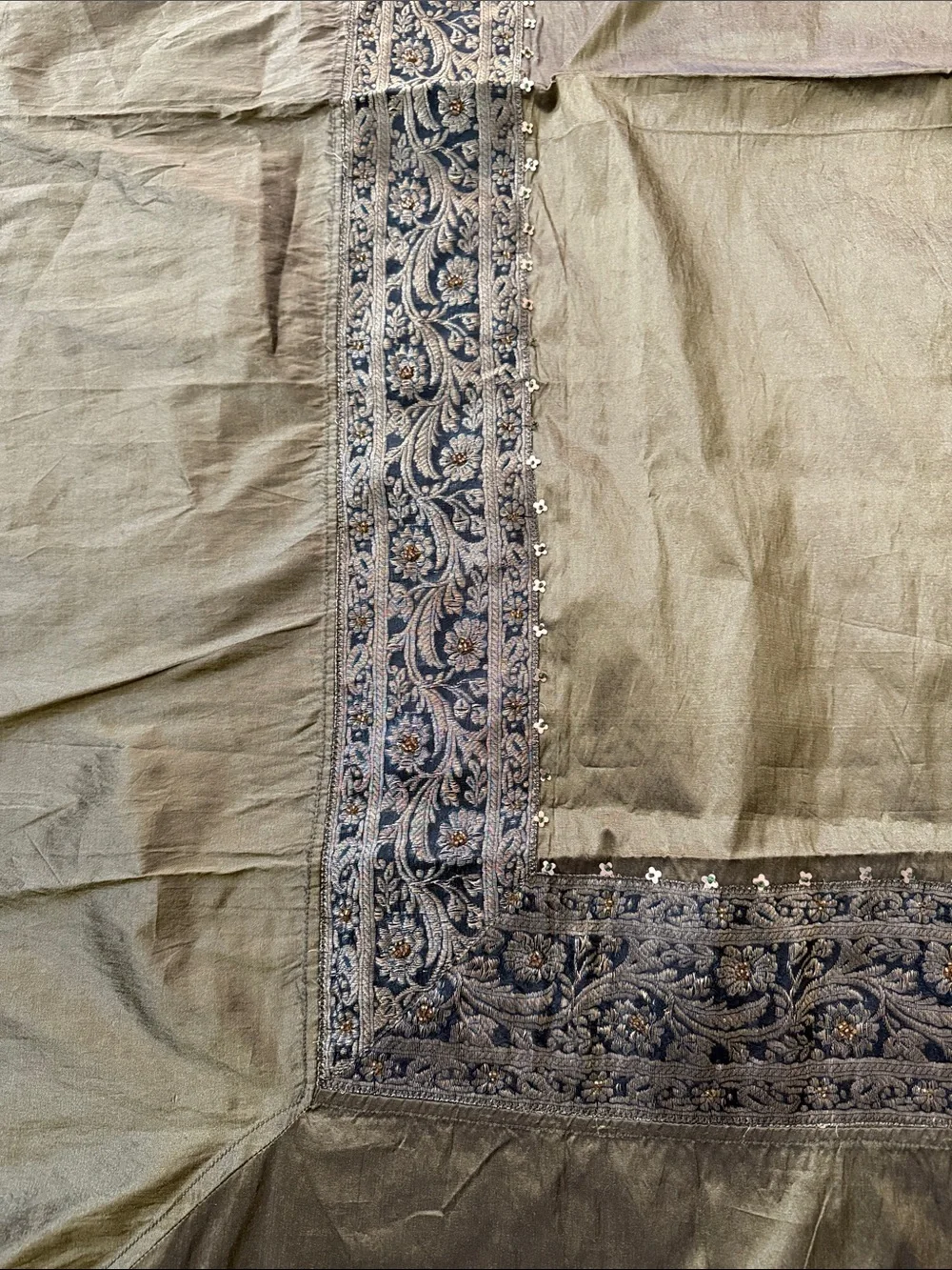 Olive Green Embroidered Cotton Throw/ table cover with goldTassels